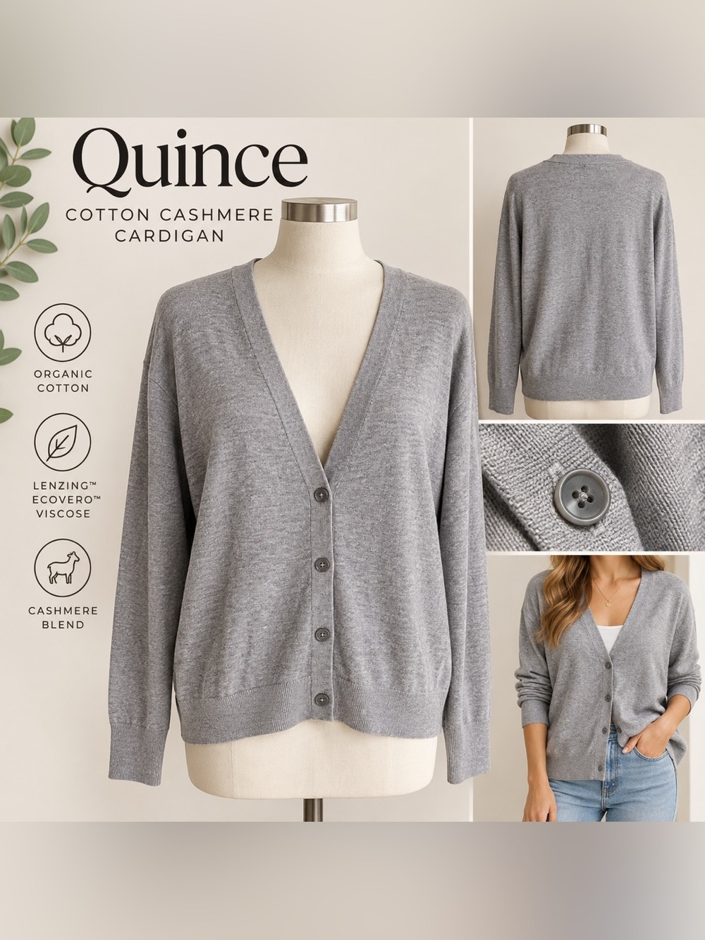 Quince Lightweight Cotton Cashmere Cardigan Heather Grey L
